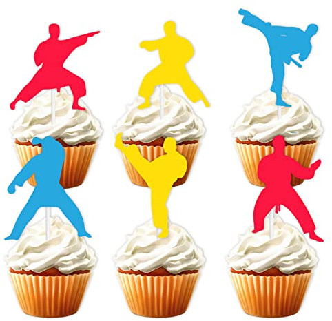 18pcs Colorful Glitter Dessert Cupcake Topper Karate Taekwondo Fitness Sports Theme Decor Supplies Men Boys Happy Birthday Party Decorations