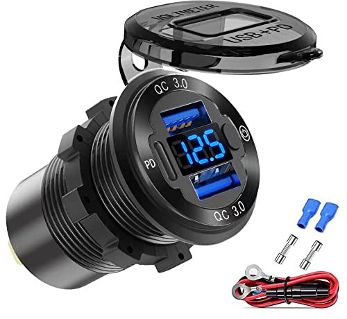 Cavo di uscita USB 12V Caricabatterie auto in alluminio multi-porta, doppia presa QC 3.0 U-S-B e PD USB-C con interruttore voltmetro per auto, barca, camion, ricarica rapida per iPhone, iPad, ecc.