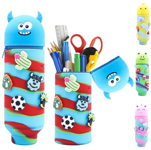 AUNGKWANG Blau Kawaii Federmäppchen, Monster 2-in-1 weichem Silikon Stifthalter, mit 5 Crocs Anstecker, Cartoon Bleistifthalter, Teleskopisc Federtasche für Mädchen Teen Geschenk