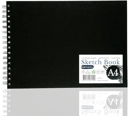 Elements A4 Wire-O Sketch Book | 50 Sheets (100 Sides) | 180 GSM Acid-Free Paper | Perforated Pages – Ideal for Mixed Media Art (Black Cover)