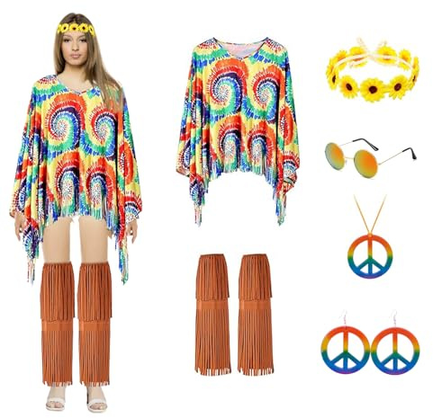 mzoLife 6 Stück Mardi Gras 60er 70er Hippie Kostüm Set, Karneval Kostüm Set Inklusive Damen Umhang Stiefelüberzüge Stirnband Ohrringe Halskette, Mode Disco Outfit Damen Fasching Kostüme (Gelb)