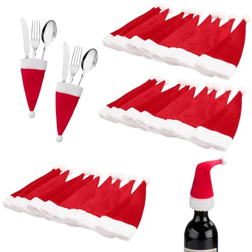 JSTHHTT 30 Piezas Mini Gorro de Papá Noel, Mini Gorro de Navidad, Manualidades Decoración Punto, Decoración de Mesa de Navidad, Sombrero de Botella de Vino Decoración