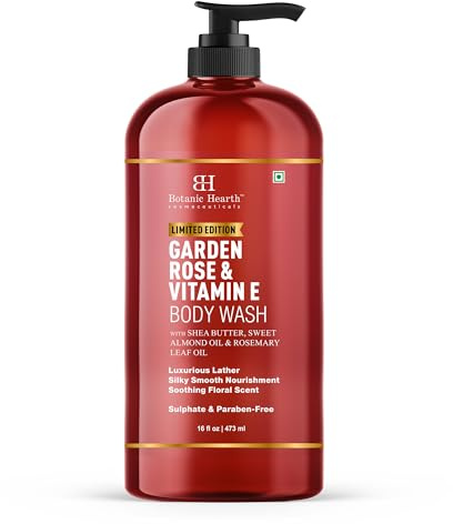 Botanic Hearth Garden Rose & Vitamin E Body Wash & Shower Gel 473 ml | Nourishing Formula with Rose Extract & Vitamin E Helps Relieve Dryness & Refresh Skin