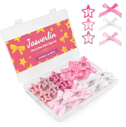 JASVERLIN 60pcs Star Hair Clips & Mini Bows Y2k Accessories Set, Cute Bowknot Goth Snap Clip Hair Barrettes, 2000s Small Satin Bows for Women Girls (Pink Mixed Color)
