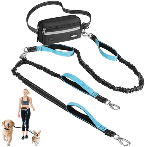 VavoPaw Hands Free Dog Lead for 2 Dogs with Pouch, Dog Running Lead, Reflective Adjustable Waist Walking Belt, Shock Absorbing Bungee Leash for Walking, Jogging, Hiking for Small Medium Large Dogs