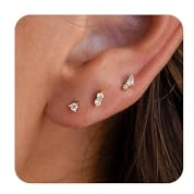 HANLI 3 Pairs 14K Gold Plated Flat Back Earrings for Women Hypoallergenic Helix Piercing Jewellery Small Diamond Stud Cartilage Tragus Earring Gifts for Teenage Girls