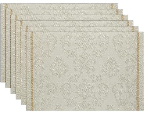comfoyar Juego de 6 Manteles Individuales Plateado Floral Beige Rectangular, Salvamanteles Individuales de Manteles Lavables e Impermeables para Cocinas y Comedores Decoración de Mesas 30x45 cm