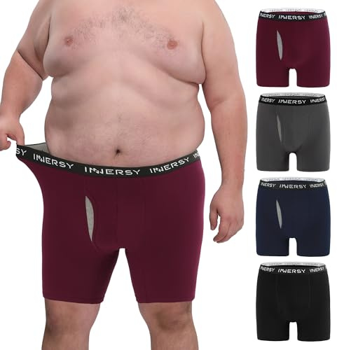 INNERSY Boxershorts för män, stora storlekar, kalsonger, bomull, 4-pack | Ventilerande underkläder med gylf XL-6XL, fukttransporterande nätsteg, träning/sport retroshorts långt ben