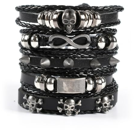 YUVKIN 5 Piezas Pulsera de Cuero Punk Unisex, Brazalete Gótico con Tachuelas, Accesorio para Halloween, Fiestas Temáticas, Conciertos de Rock y Cosplay (Negro)