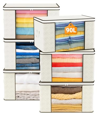 KALAHOL 90L Large Capacity Clothes Storage Bags with Zips, Storage Boxes with Lids, Reinforced Handle, Foldable, Thick Fabric, for Clothes, Comforters, Blankets, Bedding, 6 Pack, Beige