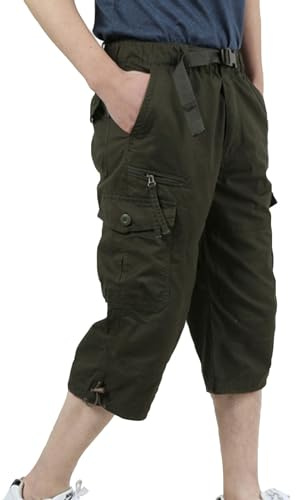 BUKKNYE Mens Cargo Shorts 3/4 Length Knee Length Tactical Capri Trousers Oversize Elastic Waisted Breathable Casual Work Pants Outdoor Hiking Summer Shorts with Multi Pockets Plus Size