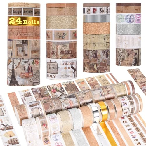 GUIZIYAO 24 Rotoli Washi Tape Set, Rotoli di Nastro Washi Vintage, Floreale Nastro Adesivo Decorativo Vintage per Arti, Pallottola di Giornale, Scrapbooking, Planner, Fai Da Te (D)
