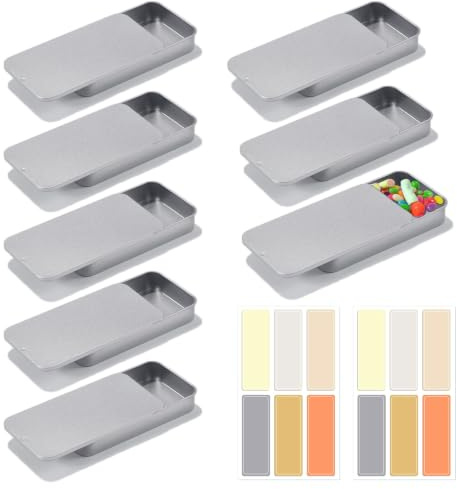 JNYUTEEN 8 Cajas de Lata con Tapa Deslizante, Latas Pequeñas con Tapas Plateadas 95 x 62 x 20 mm, Caja de Almacenamiento de Metal con Pegatinas para Manualidades y Regalos
