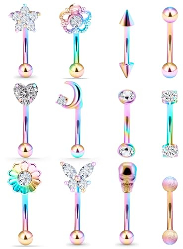 12Pcs 16G Rook Piercing Jewerlry Surgical Steel Eyebrow Piercing Jewelry Flower Crystal Heart CZ Moon Shape Eyebrow Rings Snake Eyes Rook Earrings for Women Men Tongue Retainer,Purple curved Barbell