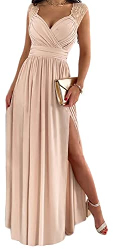 Tomwell Femme Cocktail Robe Solide Profonde V Manches Longues Maxi Robes Sexy Elegant Moulante Fente Latérale Robe de Soirée Plage Robe