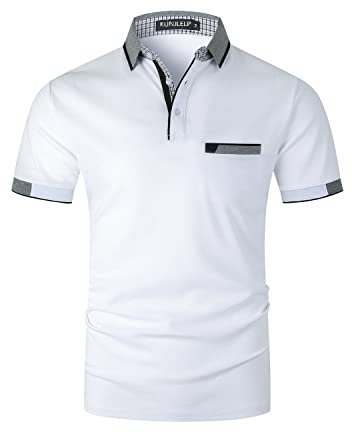 KUNJLELP Poloshirt Herren Kurzarm Polohemd Männer Kontrastfarbe Baumwolle mit Tasche T-Shirt Sommer,L,Weiß-24