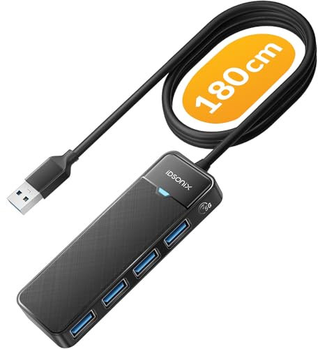 iDsonix USB Hub 3.0 mit verlängertem 180cm Kabel, USB Splitter 3.2 Gen 1 USB Verteiler, 5Gbps USB Erweiterung mehrfach verlängerung für PC, MacBook, iMac, Surface Pro, Laptop, Flash Drive, Mobile HDD