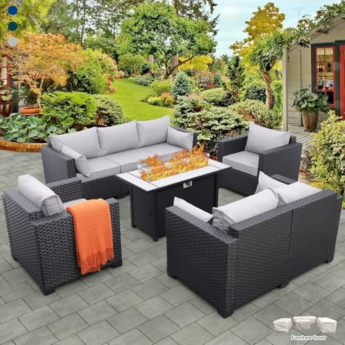 Rattaner 6 Pcs Outdoor Furniture Sets Patio Furniture Set with 45 Fire Pit Patio Couch Outdoor Chairs 60000 BTU Steel Propane Fire Pit Table No-Slip Cushions and Waterproof Covers, Light Grey