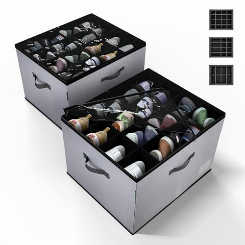 DeveHome 2 Pack Shoe Organizer for Closet, Foldable Fabric Shoe Storage Box with Adjustable Dividers and Clear Dustproof Cover, Large Collapsible Shoe Bins & Containers, Holds up to 32 Pairs, Gray