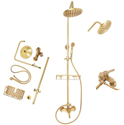 ROGONPDK Retro armatur duschset mässing dusch, regndusch duscharmatur komplett set vintage duschset, runt duschsystem med justerbar höjd 360° huvuddusch och handdusch