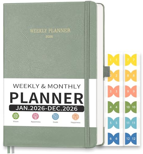 LOAPEM 2026 Planner, Appointment Book, Hourly, Daily, Weekly and Monthly, Jan 2026 - Dec 2026, Medium Size (5.7 x 8.3), 2026 Calendar, Leather Hardcover, 12 Self-Adhesive Monthly Tabs (Light Green)