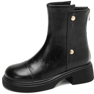 Generico Donna Tacco A Blocco Stivaletti da Plateau Punta Rotonda Stivaletti Corti con Borchie Pelle PU Stivali Casual con Cerniera,Nero,35 EU