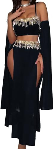 Damen Arabisches Bauchtanz Outfit Bauchtanzkostüm Set Crop-Top mit Chiffon Rock 3pcs Bauchtanz Kleid Schwarz S