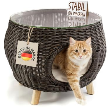 Niche pour Chat en rotin Panier Chat Table d'appoint Petigi | Coussin marron, 54 x 54 x 40,5 cm, résistant aux UV et lavable