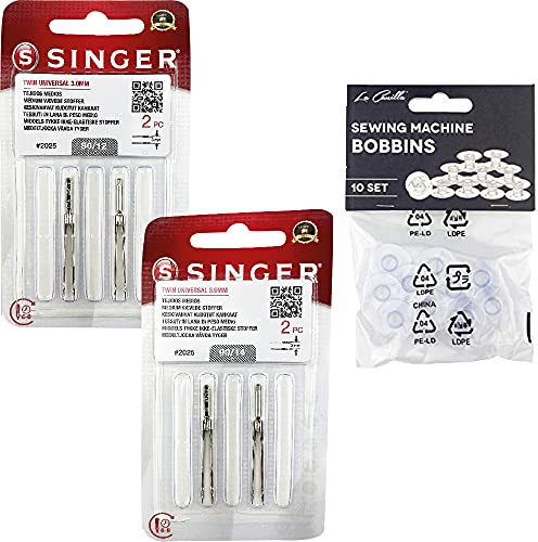 Pack de 4 Agujas Dobles para Máquinas de Coser Singer 2025 Grosor 80/12 y 90/14 Separación 3mm Universales 130/705 H (Talón Plano de un Lado) Twin Needles Gemelas