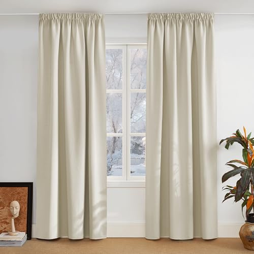 PONY DANCE Extra Wide Living Room Curtains with Ruffle Tape 2 Pieces H 228 W 167 cm Opaque Rail System Blackout Thermal Cold Protection Light Beige