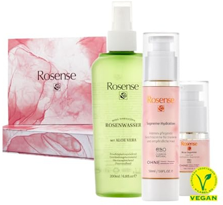 Rosense Blommagi-presentset – rosenvatten/ansiktsspray med aloe vera 200 ml, ansiktskräm för torr och känslig hud 50 ml, ögonserum 15 ml – hudvårdsset, veganskt