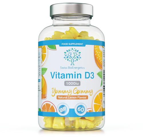 Vitamin D3 Gummies 25µg 1000IU - 60 Natural Lemon Flavour Chewable Yummy Gummies - 2 Month Supply - Made in the UK