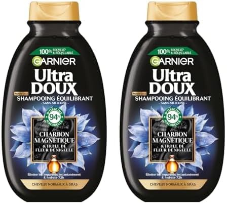Garnier Ultra Doux - Shampooing Hydratant & Équilibrant au Charbon Magnétique & Fleur de Nigelle - Pour Cheveux Normaux à Gras - 250 ml (Lot de 2)