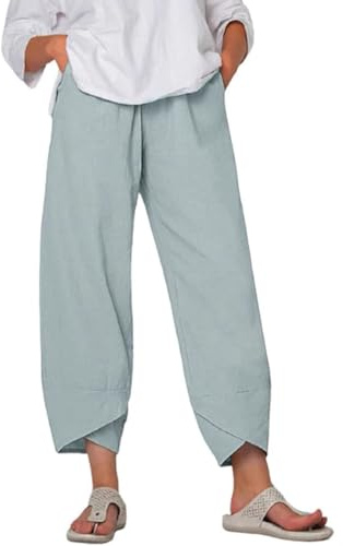 Pantalones Capri Casuales de Verano de Lino y algodón, con Pierna Ancha y Cintura elástica, cómodos y Holgados de Cintura Alta con Bolsillos. (Light Blue,L)