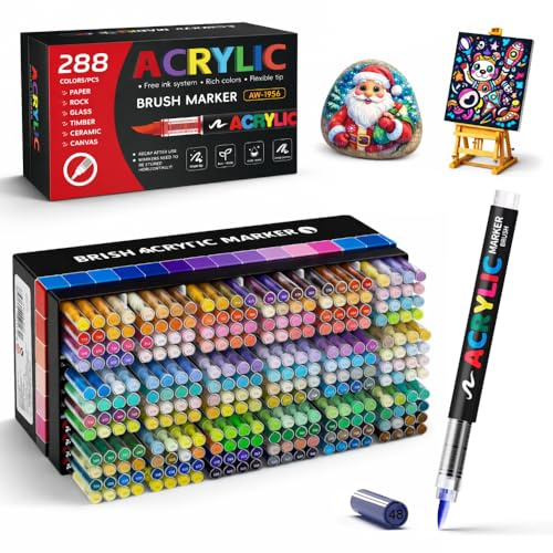 Faizer ® 288 Pennarelli acrilici, Pennelli acrilici a punta pennello da colorare per adulti, acrilici Paint Markers per colorare, Belle Arti, Calligrafia, Legno, Tela, Vetro, Ceramica
