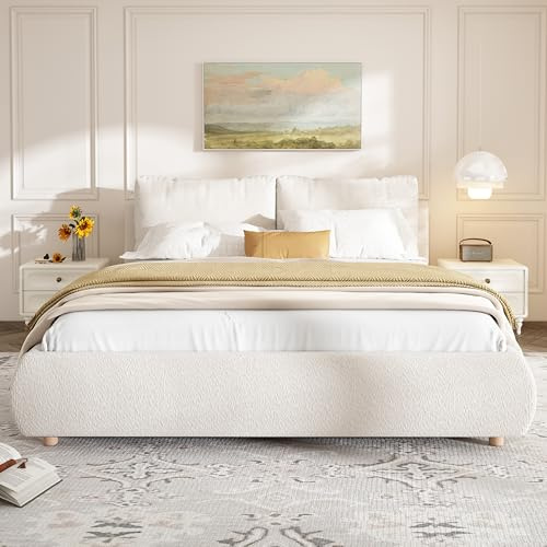 5ft King Size Bed Frame with Hydraulic Storage, Functional Upholstered Ottoman Bed Cloud Bed with Headboard&Wooden Slats, Boucle Fabric Gas Lift Up Storage Beds with 2 Cushions, No Mattress,Warm White