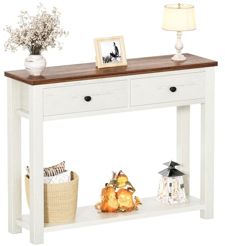 iSunirm Table Console de Ferme à 2 tiroirs en Bois de 80 cm de Large avec Compartiment de Rangement pour Salon, derrière Le canapé, Table de Couloir pour entrée, Salon ou entrée, Marron et Blanc