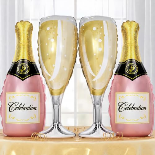 Champagne Bottle Glass Balloons 4pcs, Large Champagne Wine Foil Mylar Balloons for Women Girls Birthday Bachelorette Bridal Shower Wedding Anniversary Engagement Celebration Party Decorations Supplies