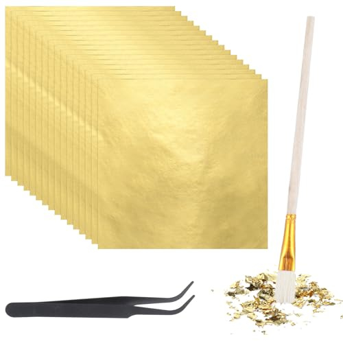 XLIUAX 150 ark bladguldbitar imitation, 15 x 13,5 cm bladguld tårtor dekoration med pincetter och borstar guldfolie för pyssel för guldplätering målning kök mousse kaka hantverk naglar