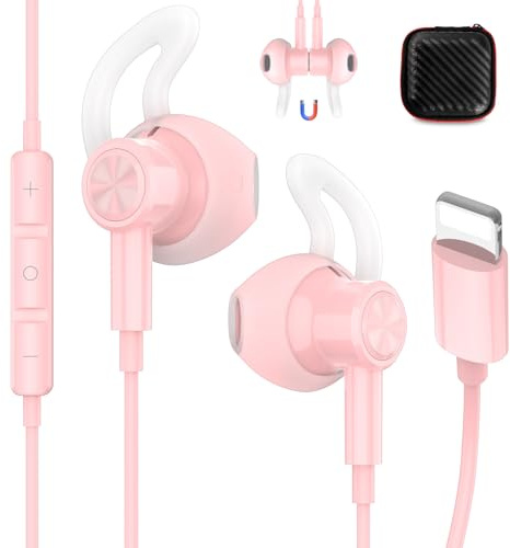 iMangoo for Lightning Headphones Wired MFi Certified Magnetic Earbuds Anti Drop Ear Buds Tips Corded Earphones with Microphone Volume Control for Apple iPhone 14 Plus 13 Pro Max 12 Mini 11 XS XR Pink