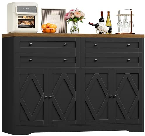 HOCSOK Buffet, 132.7 cm Meuble Cuisine avec Etagères Réglables, Buffet Salle a Manger avec 4 Tiroirs 4 Portes, Meuble de Rangement pour Salon, Cuisine, Noir+ Antique