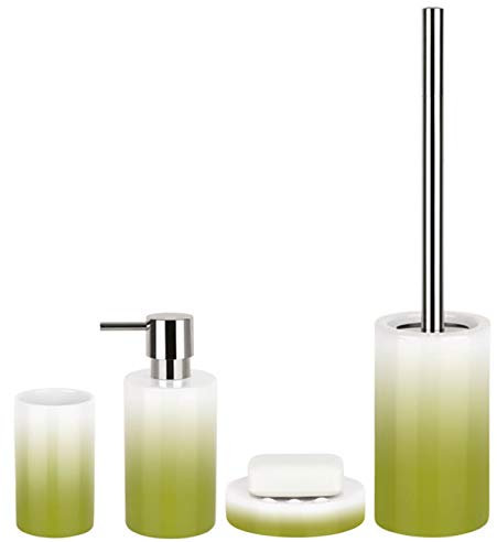Spirella Juego de 4 accesorios de baño de porcelana, dispensador de jabón, jabonera, escobilla de inodoro y vaso para cepillos de dientes, color blanco y verde