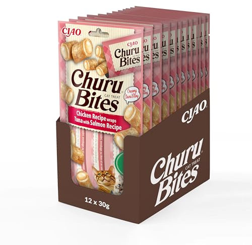 INABA Churu Bites mit 40% Hühnerfleisch und 32% Thunfisch Katzen Leckerlies, Getreidefrei, Zuckerfrei, Keine Nebenerzeugnisse Katzensnacks, Perfekt zum Verstecken von Tablette 30 g (12er Pack)