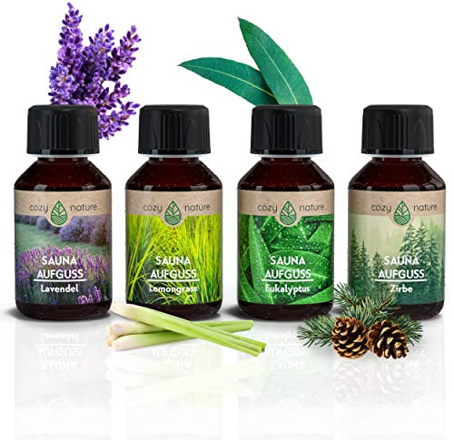 CozyNature® Saunaaufguss mit ätherischem Öl | Sauna Aufgussmittel | Sauna Zubehör | 4 Set - Eukalyptus Lemongrass Zirbe Lavendel - 4x 100ml | inkl. Gratis Sauna E-Book