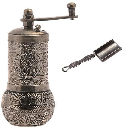 Acar - Molinillo de pimienta turco, molinillo de pimienta recargable con cuchara medidora, molinillo de pimienta con manivela, molinillo de especias (plata envejecida)