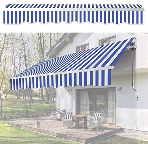 Randaco Auvent Rétractable à Bras Repliable, 300x250cm Store Banne Manuel avec Manivelle, Angle Réglable 0-30° Pare-Soleil Anti UV et Imperméable pour Balcon, Resto, Bleu-Blanc