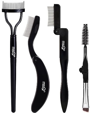 MSQ 4 Pcs Folding Eyelash Comb Dou Eyebrow Brush with Spoolie Mascara Comb | Eyelash Separator Metal Teeth Eyebrow Eyelash Grooming Brushes for Define