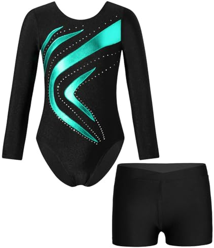 Runhomal - Bañador para niño y niña, diseño clásico de manga larga con pantalones cortos de gimnasia deportivos, patinaje artístico rítmico, pegajoso espectáculo de 3 a 14 años, TA Azul Verde, 11-12