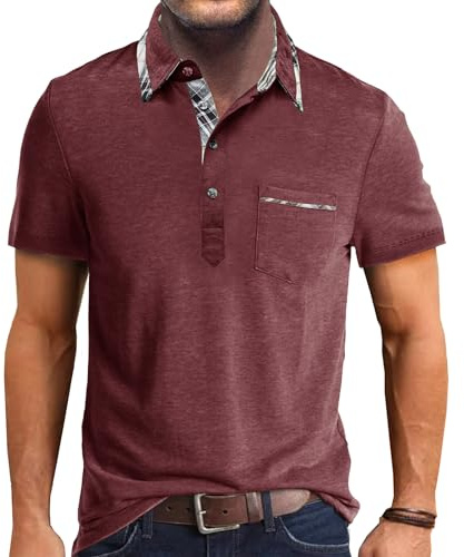 Comilaka kortärmad ledig pikétröja för män klassisk knappkontrasterande färger T-shirts med ficka snygga toppar