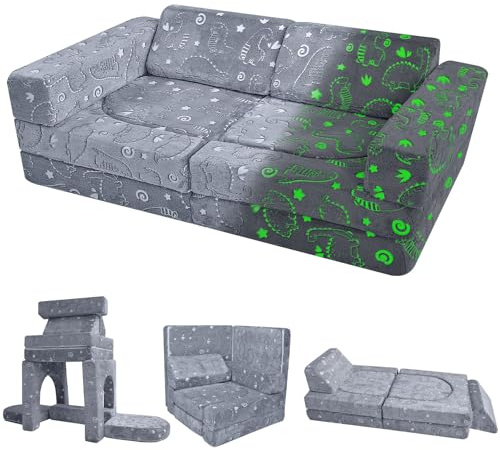 MeMoreCool 10-Piece Kids Play Sofa Bed, Modular Toddler Couch Glow Sofa Chair for Playroom Bedroom, Fold Out Play Couch for Girl Boy, Children Convertible Foam Sofa, Glowing Dino
